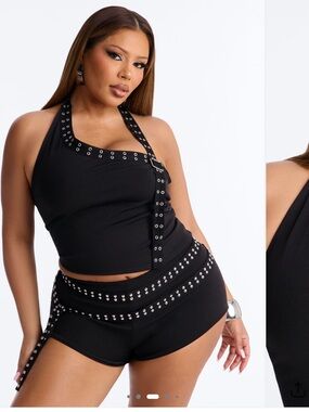 Fashion Nova Black Grommet Studded Halter Crop Top & Shorts Set